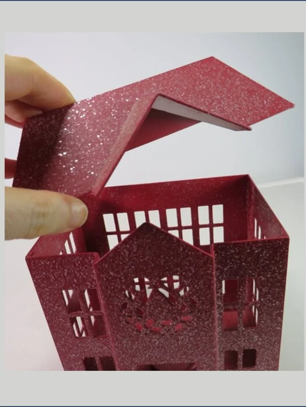 Red Metal House Luminary Glitter Tea Light Candle Holder Removable Roof Wreath